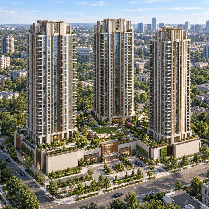 Abhee City Urban Glenn Phase I aerial view of Towers 4, 5 and 6 over the landscaped podium