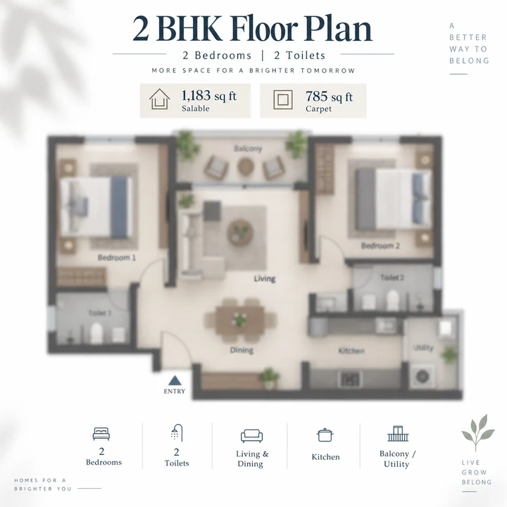 Abhee City Urban Glenn 2 BHK floor plan, 1,183 sq ft salable and 785 sq ft carpet