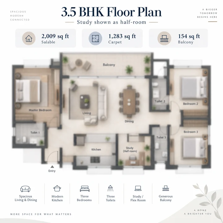 Abhee City Urban Glenn 3.5 BHK floor plan, 2,009 sq ft salable and 1,283 sq ft carpet