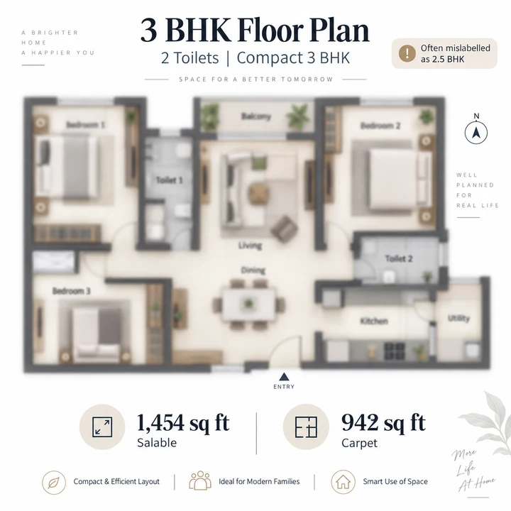 Abhee City Urban Glenn 3 BHK floor plan with two toilets, 1,454 sq ft salable and 942 sq ft carpet