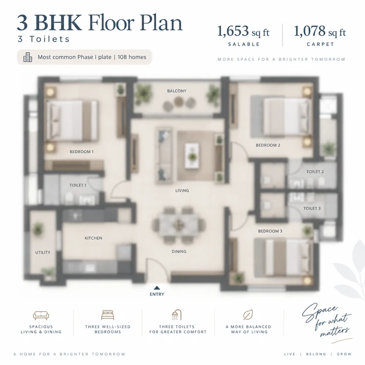 Abhee City Urban Glenn 3 BHK floor plan with three toilets, 1,653 sq ft salable and 1,078 sq ft carpet