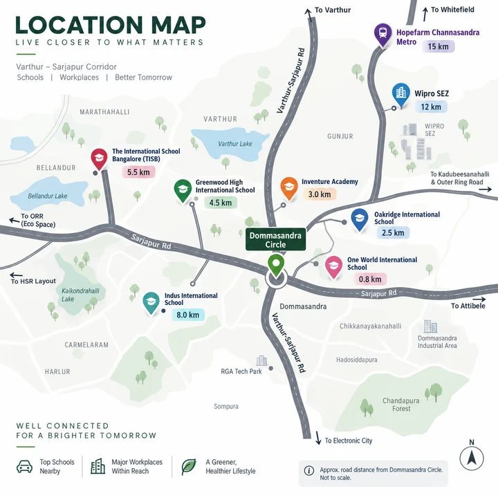 Abhee City Urban Glenn location map on Varthur-Sarjapur Road near Dommasandra Circle with nearby schools and offices